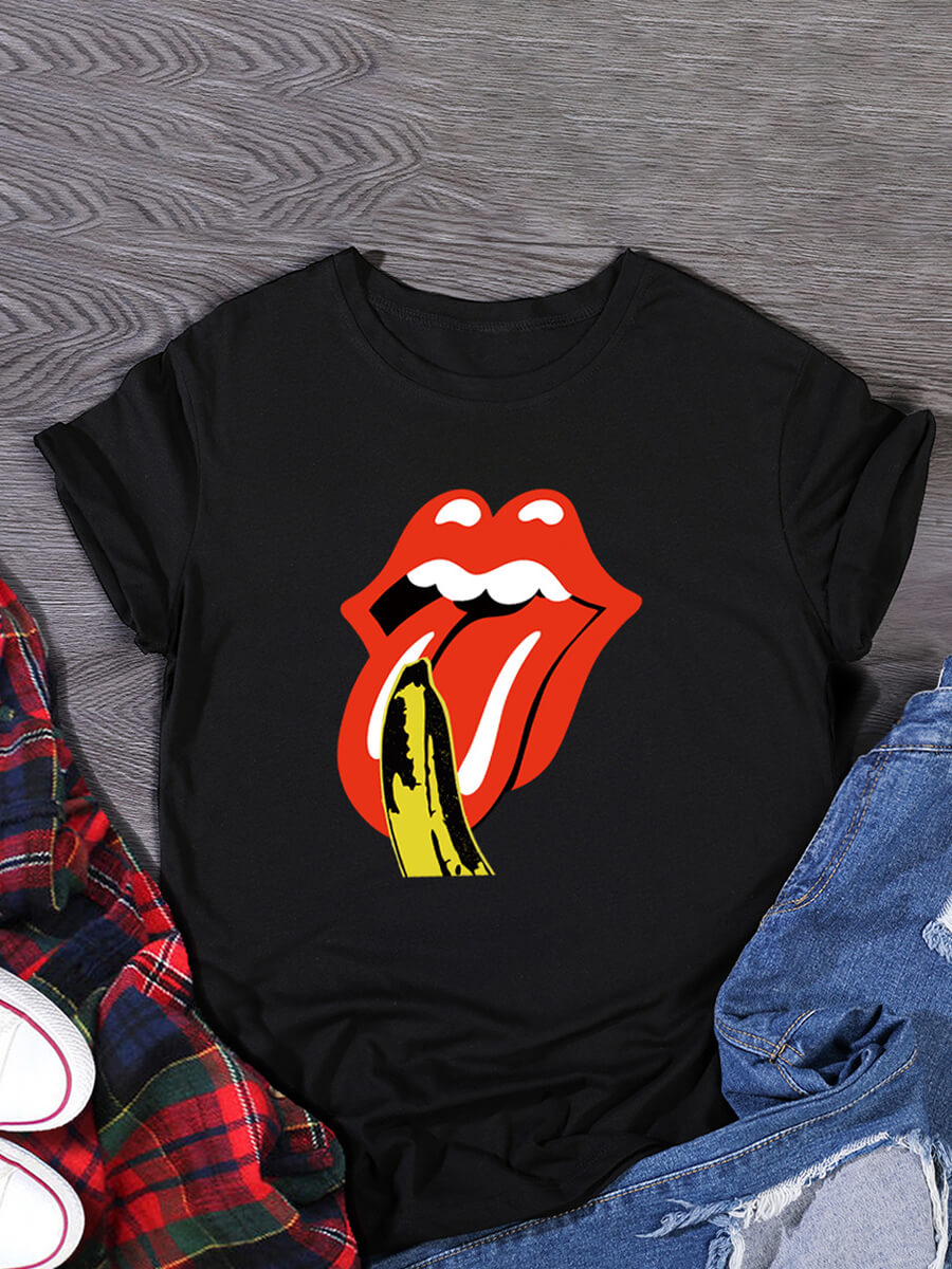 

Lovely Plus Size Casual O Neck Lip Print Black T-shirt
