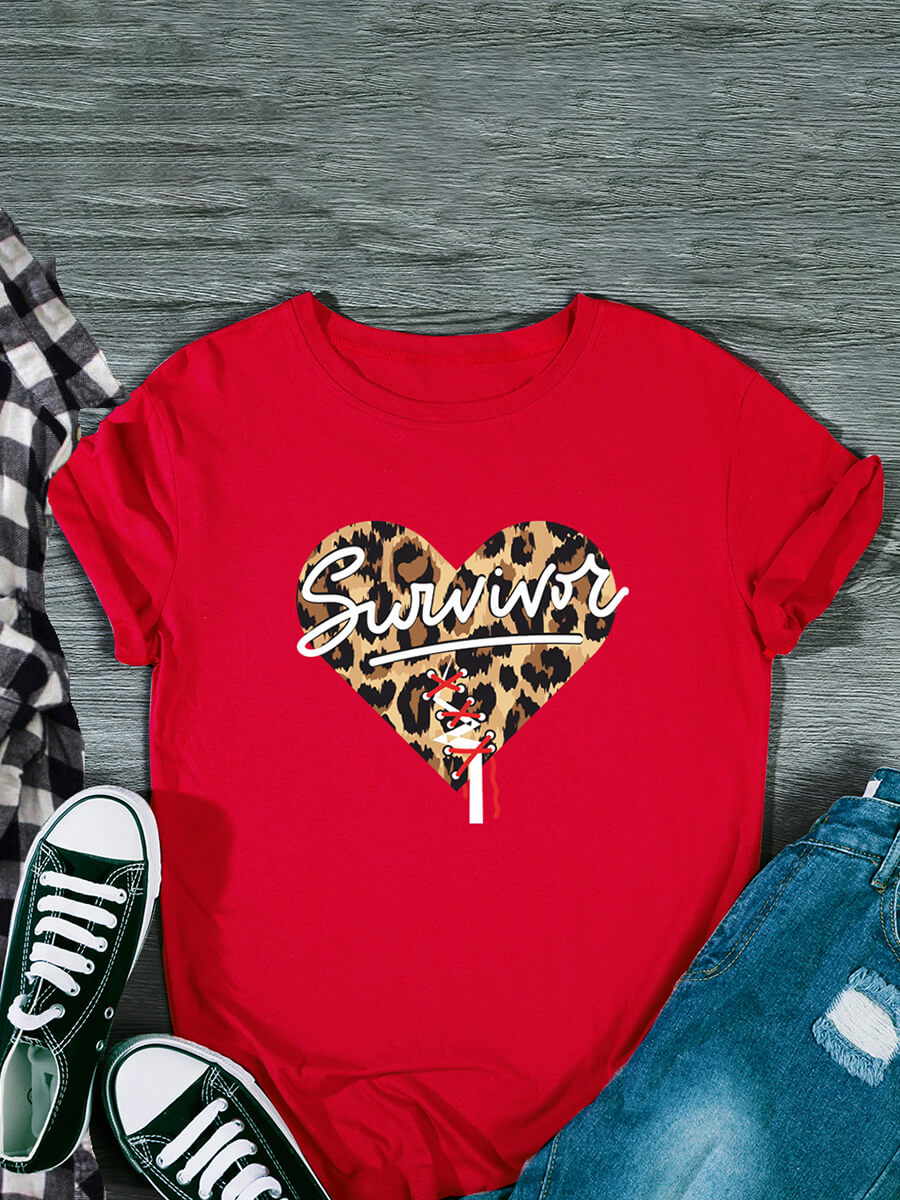 

Lovely Plus Size Casual O Neck Leopard Letter Print Red T-shirt