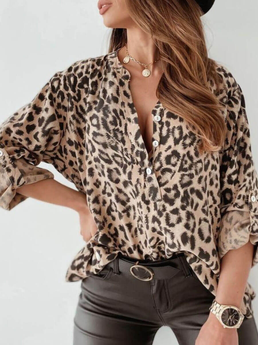 

Lovely Casual Dropped Shoulder Leopard Print Apricot Plus Size Blouse
