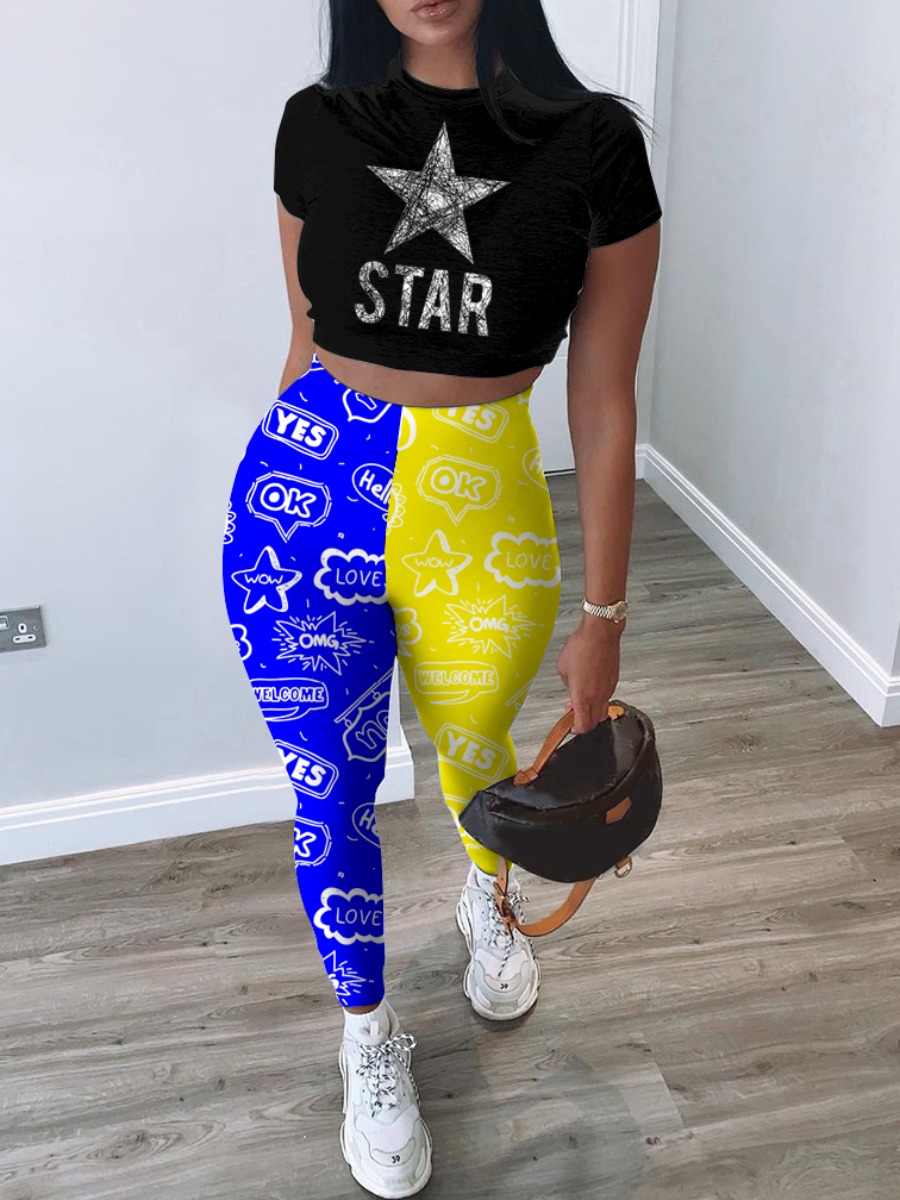 

Lovely Trendy Star Letter Print Patchwork Blue Two Piece Pants Set (No-positioning Printing)