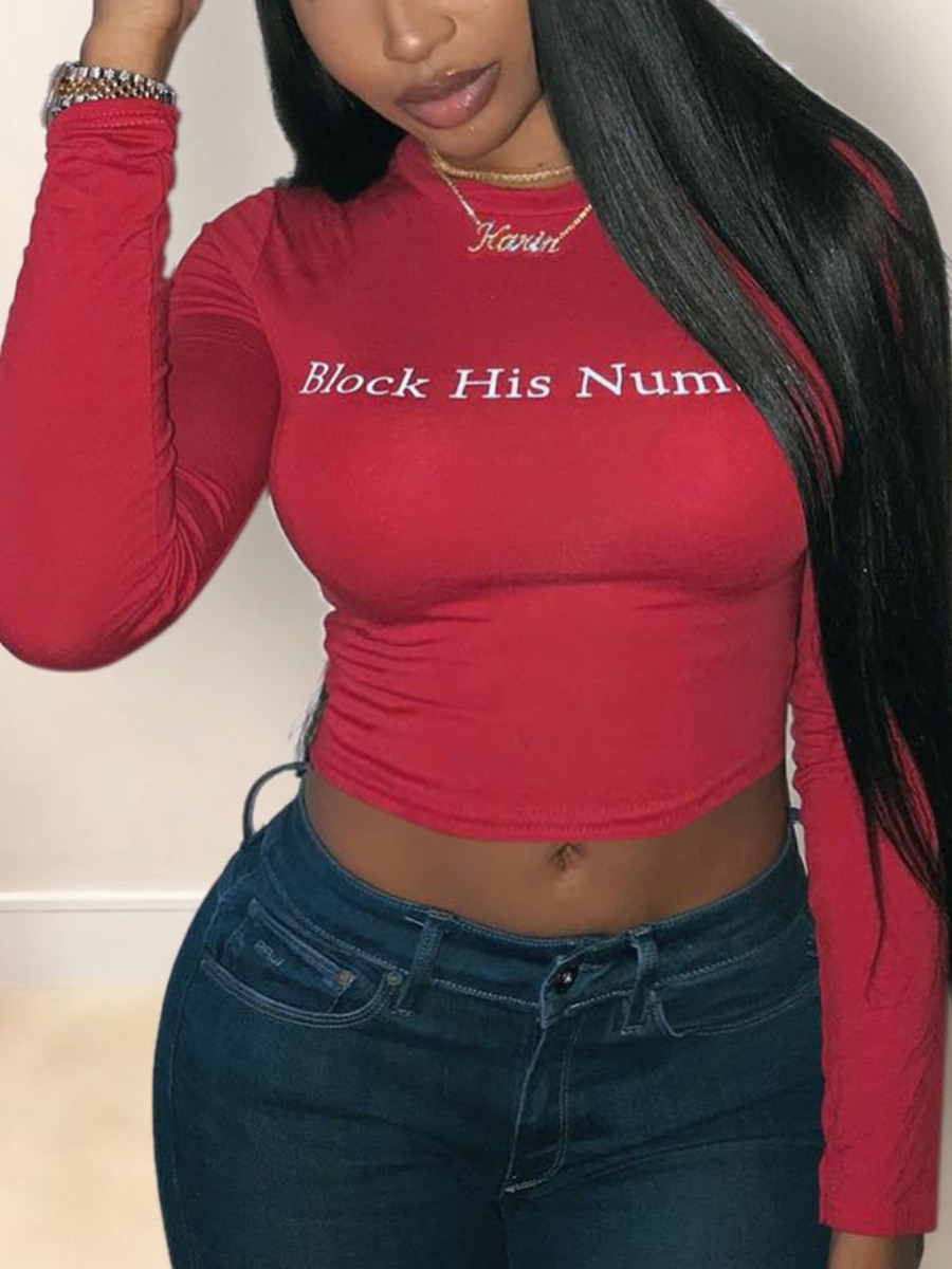 

Lovely Street O Neck Letter Print Red T-shirt