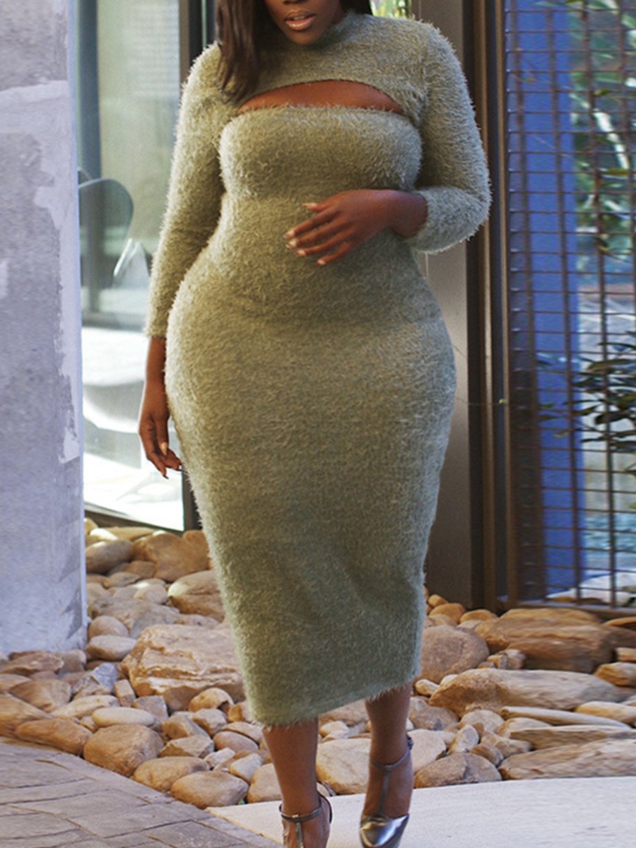 

Lovely Casual Half A Turtleneck Hollow-out Green Mid Calf Plus Size Dress