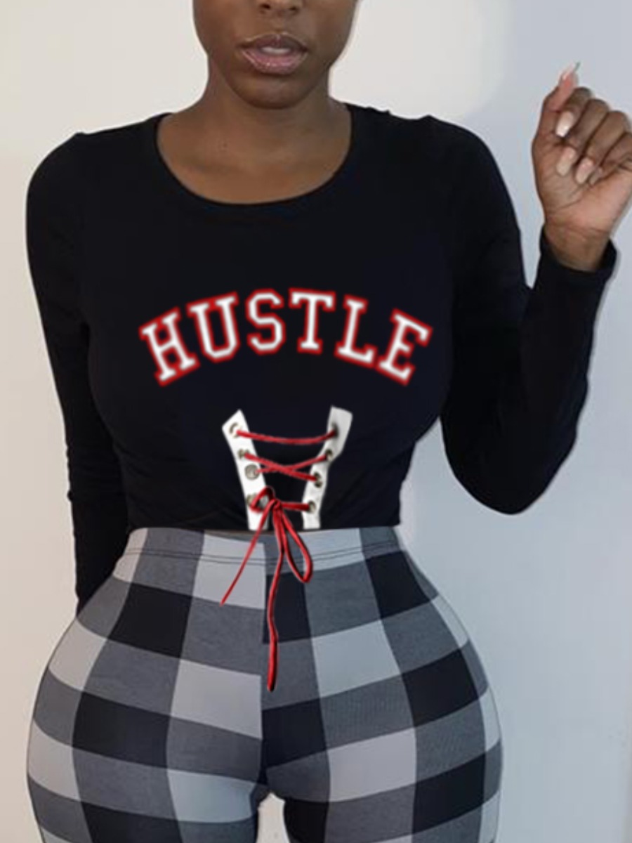 

LW Chic Letter Print Bandage Design Black T-shirt