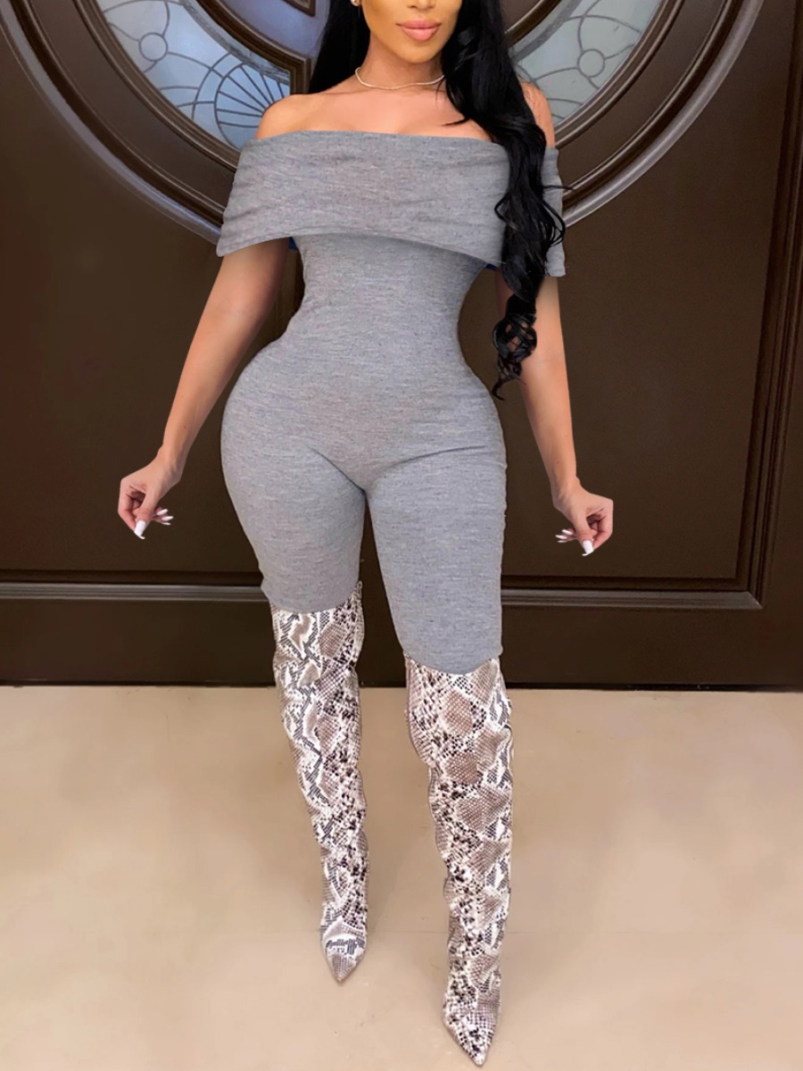 

Lovely Sweet Off The Shoulder Flap Over Grey One-piece Jumpsuit