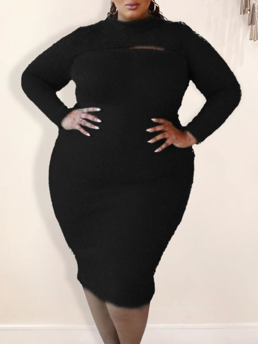 

Lovely Casual Half A Turtleneck Hollow-out Black Mid Calf Plus Size Dress