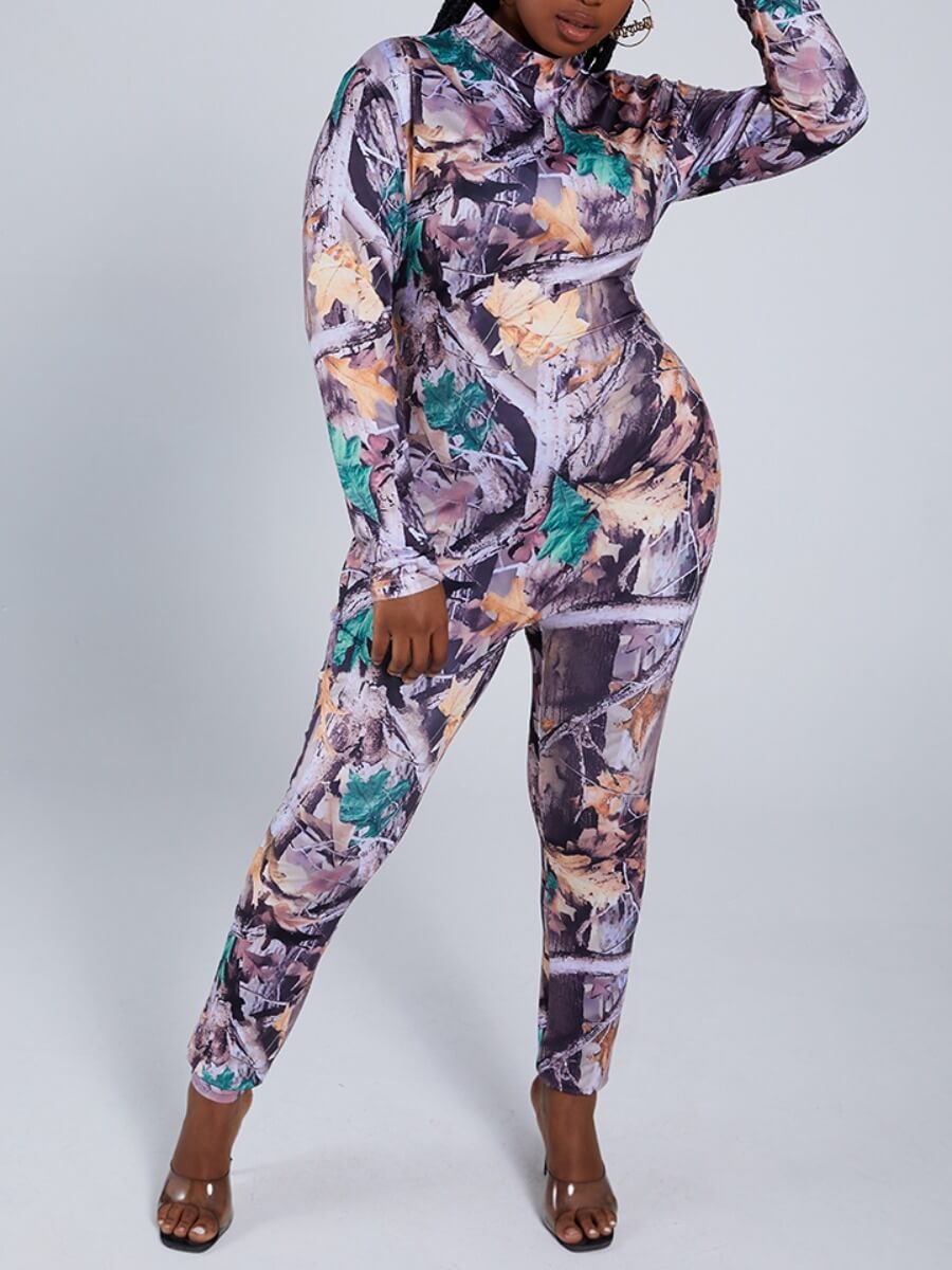 

Lovely Casual Turtleneck Print Multicolor Plus Size One-piece Jumpsuit, Multi