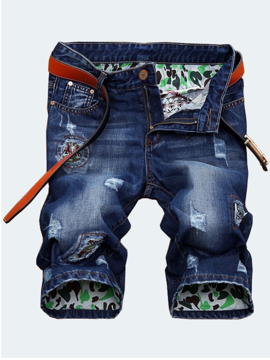 

Lovely Casual Mid Waist Broken Holes Blue Men Denim Shorts