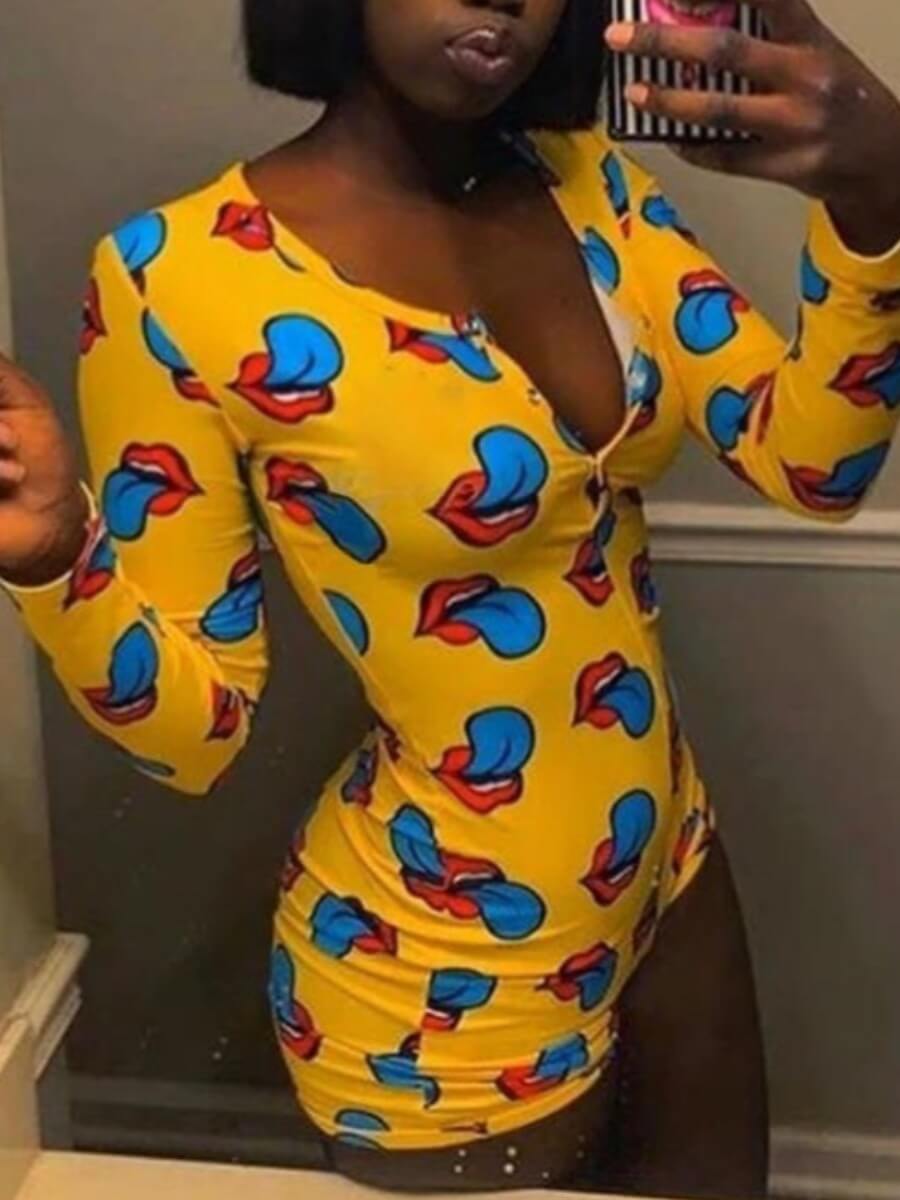 

Lovely Casual Lip Print Skinny Yellow Sleepwear