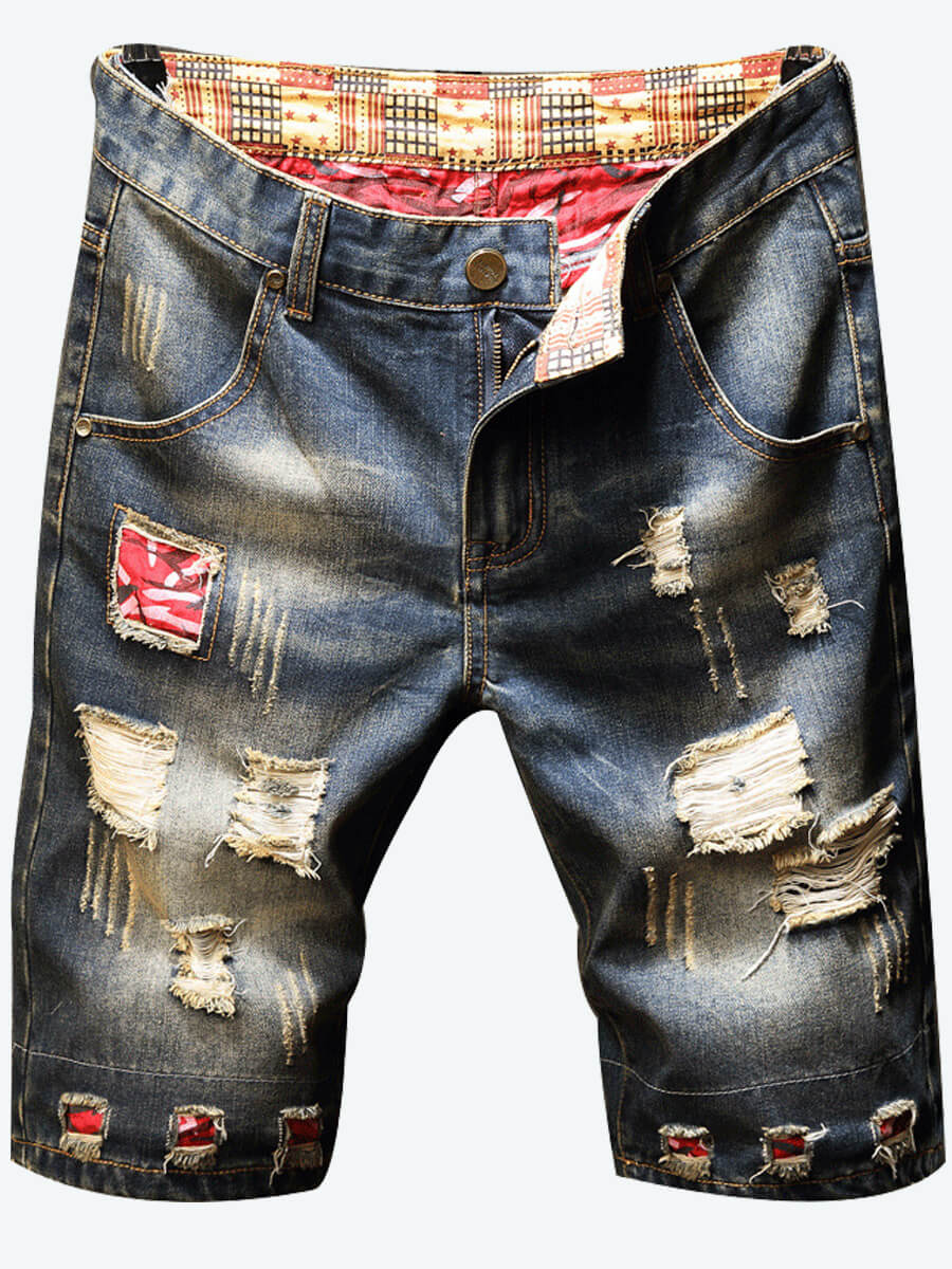 

Lovely Men Casual Broken Holes Patchwork Blue Denim Shorts