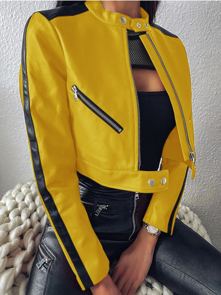 

Lovely Street Zipper Button Design Patchwork Yellow Leather