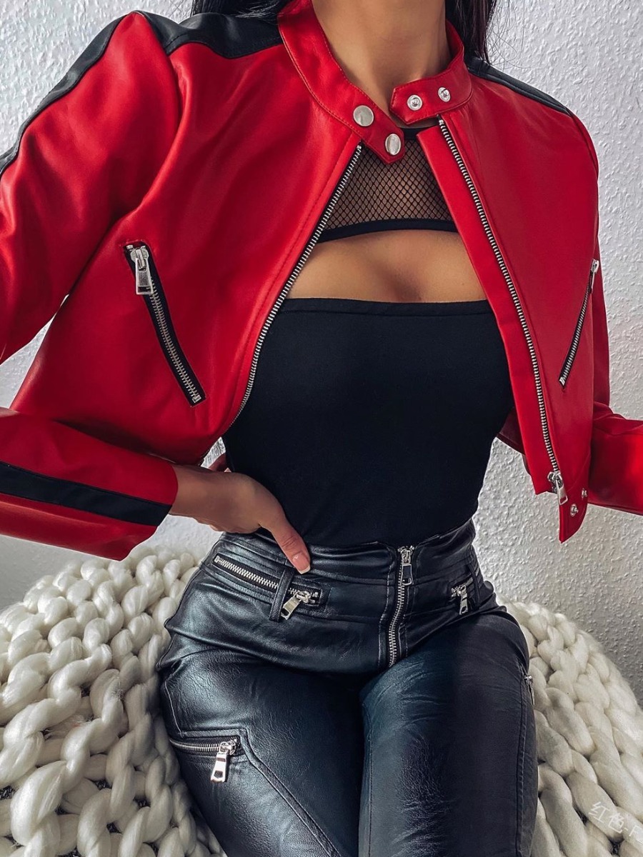 

Lovely Street Zipper Button Design Patchwork Red Leather