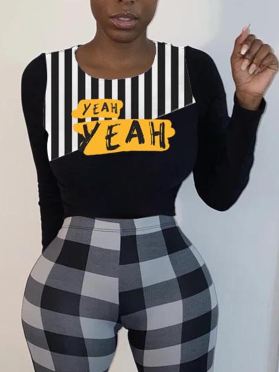 

LW Sweet Letter Print Striped Black T-shirt