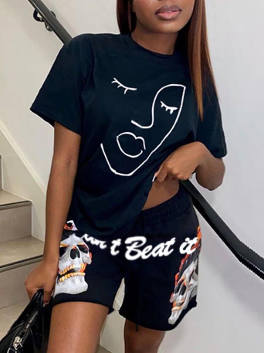 

Lovely Casual Skeleton Letter Print Black Two Piece Shorts Set