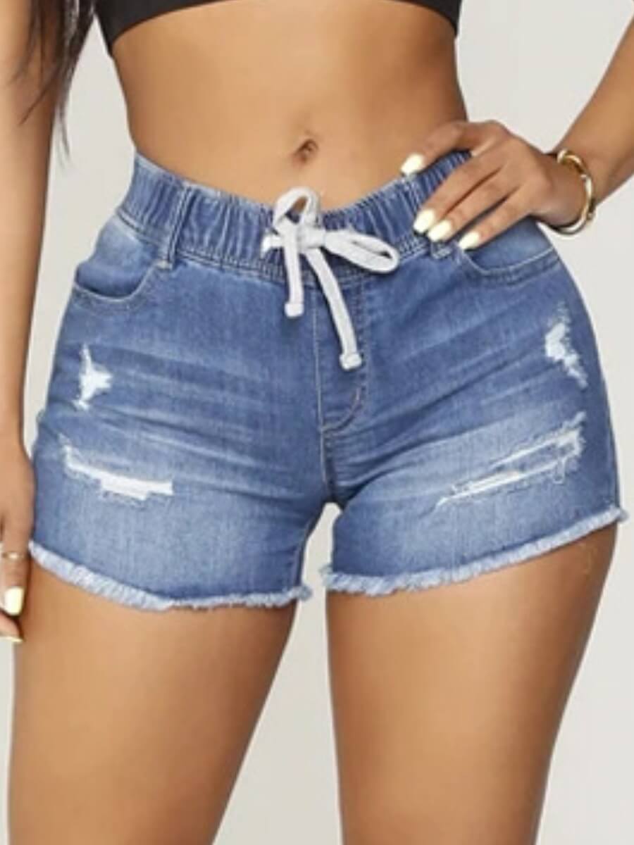 

Lovely Casual Drawstring Raw Edge Blue Denim Shorts