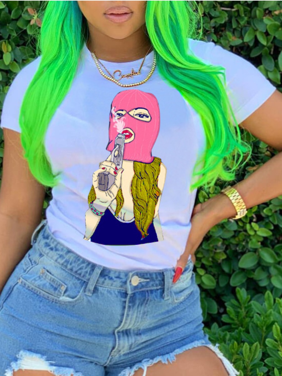 

Lovely Street Masked Face Print Patchwork White T-shirt