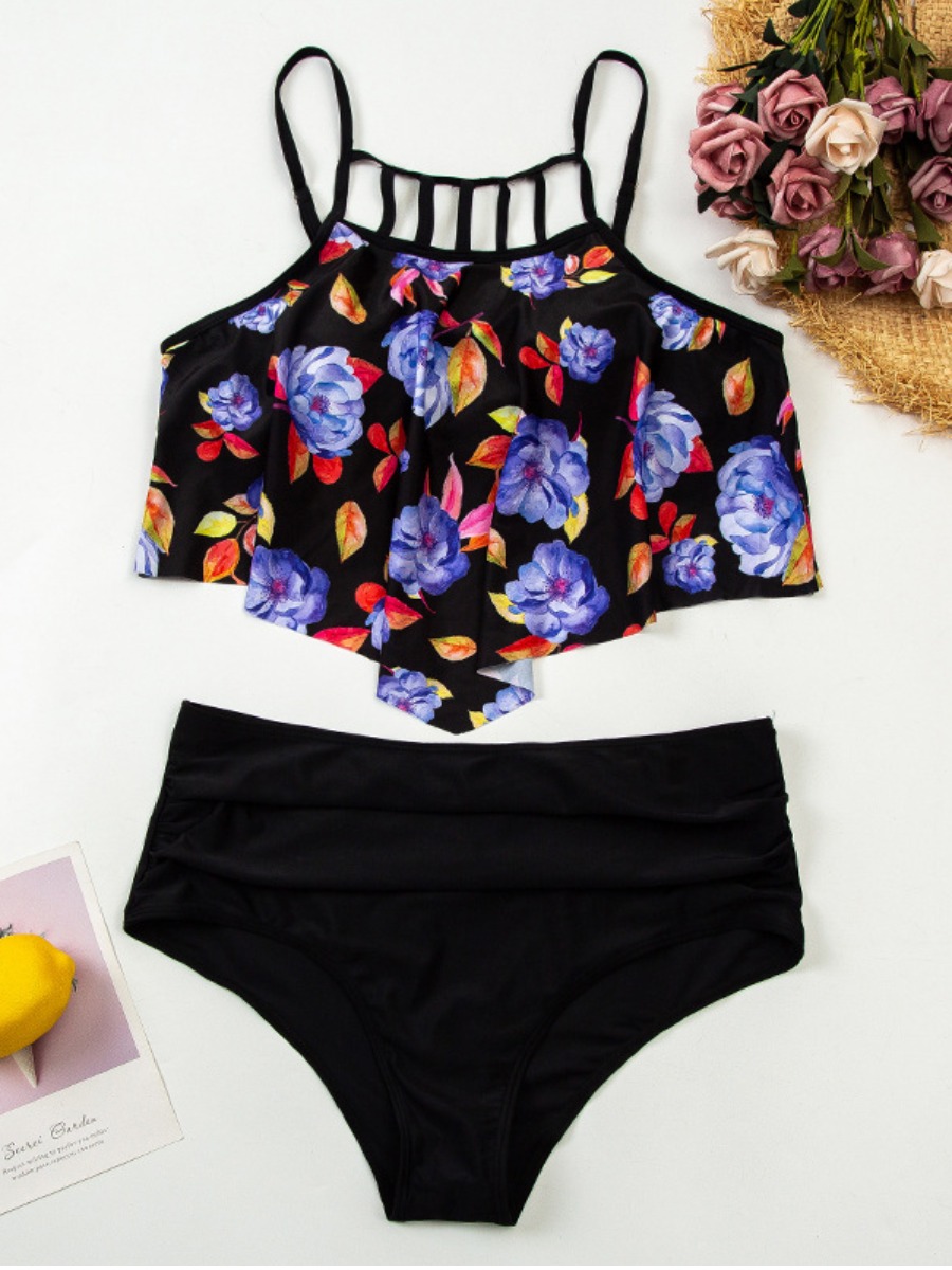 

Lovely Sweet Floral Print Hollow-out Black Tankini