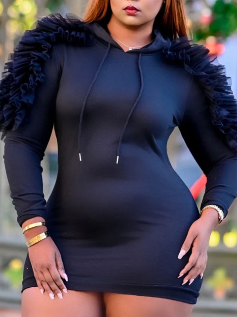 

Lovely Trendy Hooded Collar Mesh Patchwork Black Mini Plus Size Dress