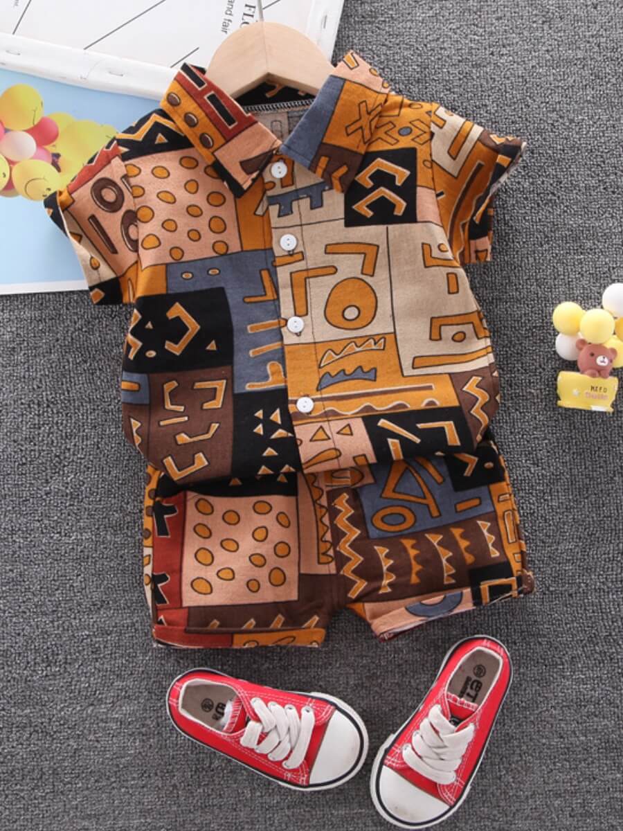 

Lovely Boy Casual Button Design Geometric Print Brown Two Piece Shorts Set