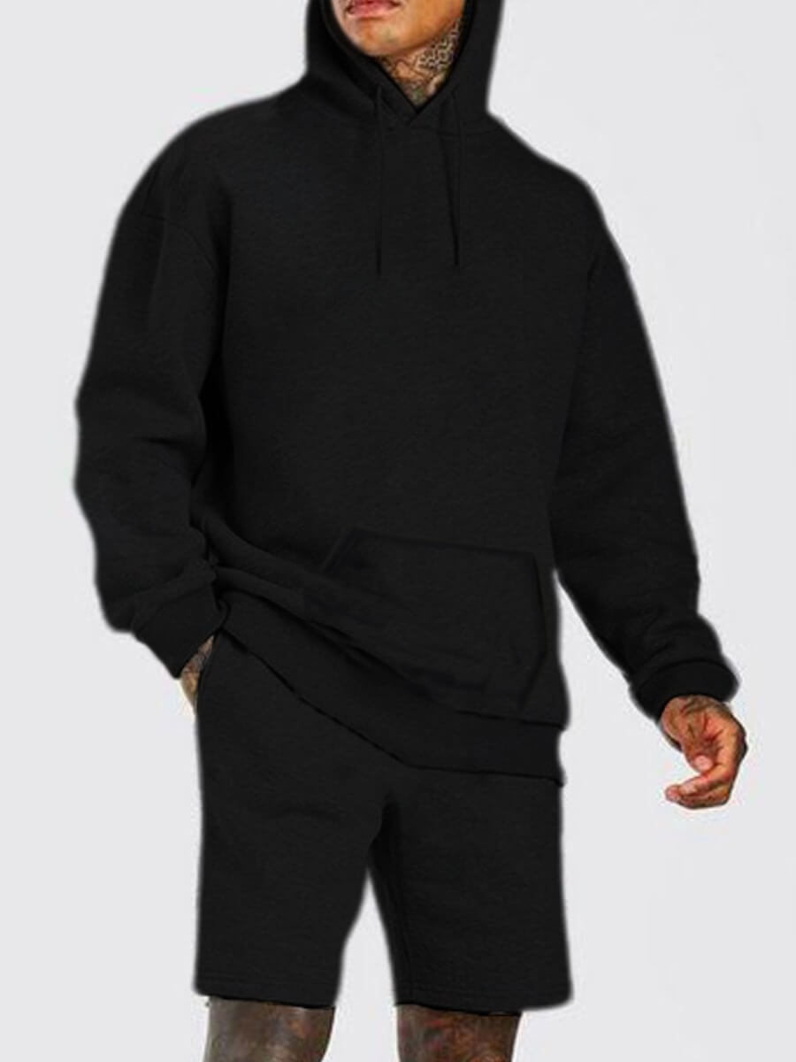 

Lovely Men Casual Hooded Collar Drawstring Black Two Piece Shorts Set
