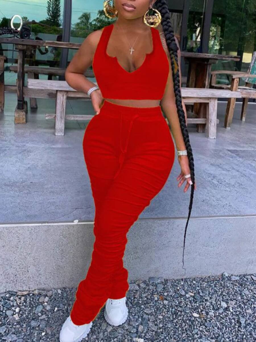 

Lovely Plus Size Casual V Neck Fold Design Red Two-piece Pants Set
