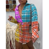 Lovely Casual Plaid Print Patchwork Purple Mini Sh