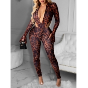 Lovely Casual Deep V Neck Leopard Print Hollow-out