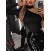 Lovely Sexy Turtleneck One Shoulder Black Bodysuit