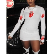 Lovely Party O Neck Lip Print White Mini Dress