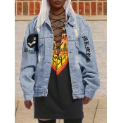 Lovely Street Letter Print Patchwork Blue Denim Ja