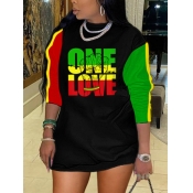 LW Street O Neck Letter Print Patchwork Black Mini
