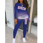 Lovely Casual Gradient Letter Print Blue Two Piece