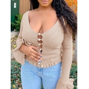 Lovely Sweet U Neck Hollow-out Khaki Sweater
