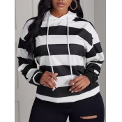 Lovely Casual Hooded Collar Striped Black Hoodie