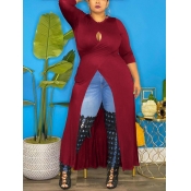 Lovely Plus Size Casual O Neck Hollow-out Wine Red