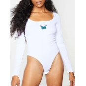 Lovely Casual U Neck Butterfly Print White Bodysui