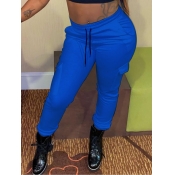 Lovely Casual Drawstring Side Pocket Blue Pants