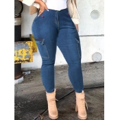 Lovely Casual High-waisted Pocket Design Blue Jean