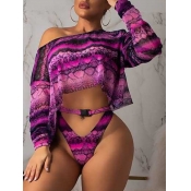 Lovely Sexy Cobra Print Hollow-out Purple Tankini