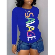 Lovely Casual O Neck Letter Print Patchwork Blue T