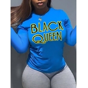LW Street O Neck Letter Print Blue T-shirt
