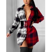 Lovely Chic Turndown Neck Plaid Patchwork Bandage 
