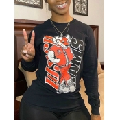 LW Casual Cartoon Letter Print Patchwork Black T-s
