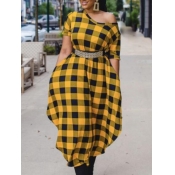 Lovely Casual Plaid Print Asymmetrical Yellow Mid 