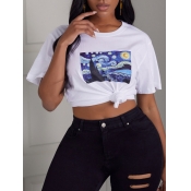 Lovely Casual O Neck Print White T-shirt