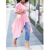 Lovely Casual O Neck Ruffle Asymmetrical Pink Blou