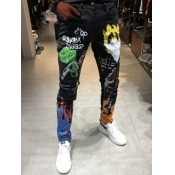 Lovely Men Street Graffiti Letter Print Black Jean