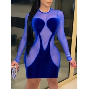 Lovely Sexy O Neck Mesh Patchwork Blue Knee Length