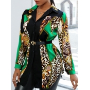 Lovely Trendy Leopard Print Patchwork Green Blouse