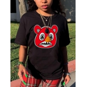 Lovely Casual O Neck Cartoon Print Black T-shirt