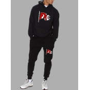 Lovely Men Casual Hooded Collar Letter Print Black